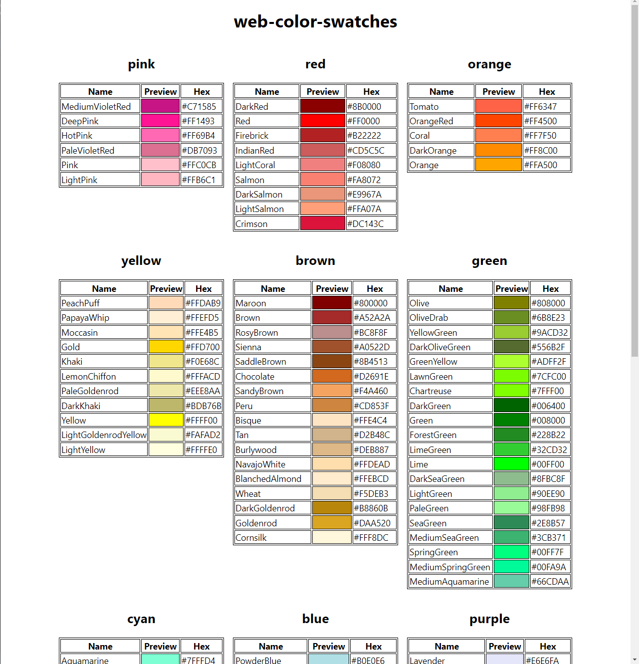 Web Color Swatches